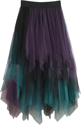 Womens Tulle Skirt Elastic High Waist Pleated A-line Fairy Skirt Layered Mesh Flowy Tutu Skirts