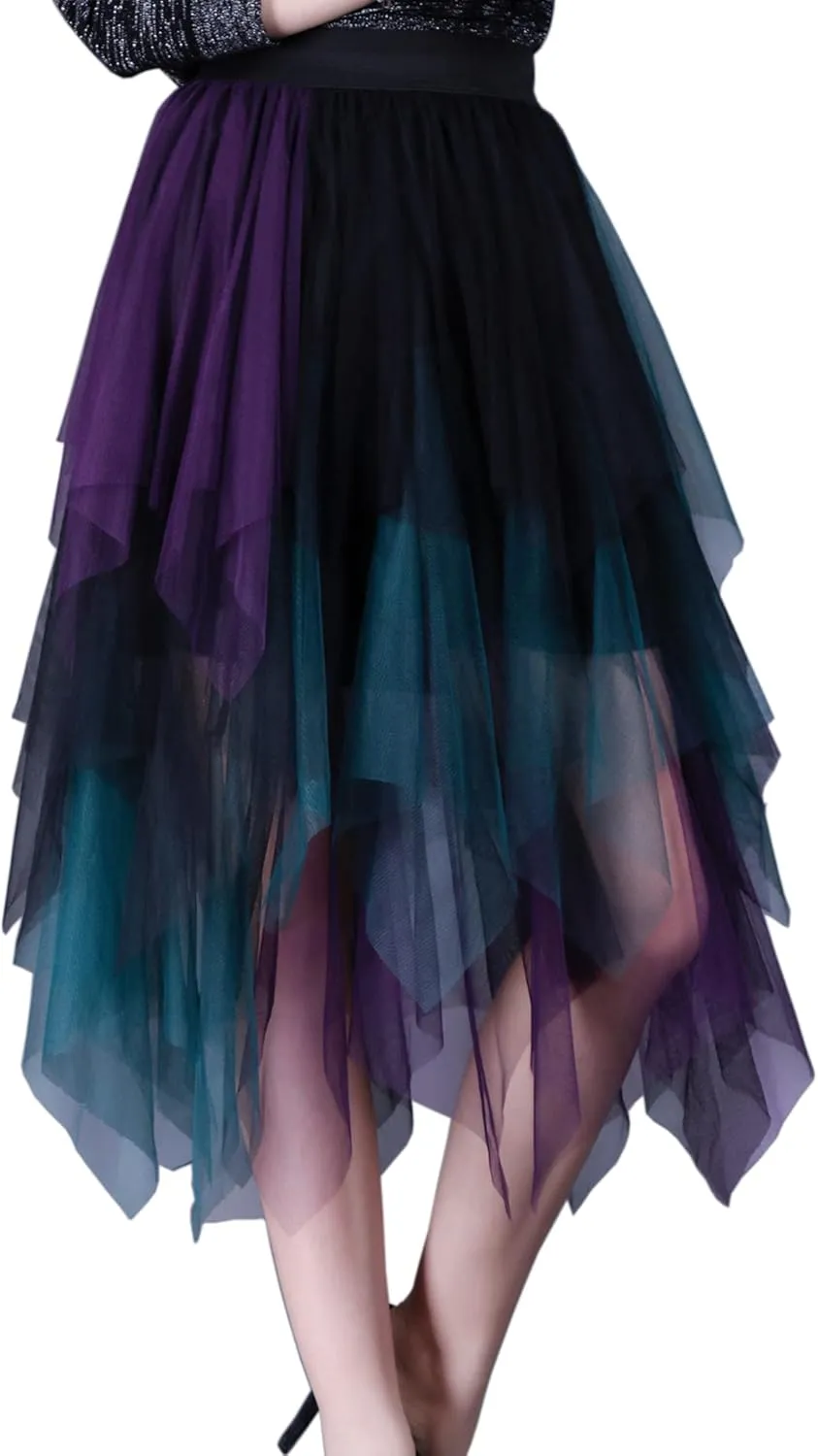 Womens Tulle Skirt Elastic High Waist Pleated A-line Fairy Skirt Layered Mesh Flowy Tutu Skirts