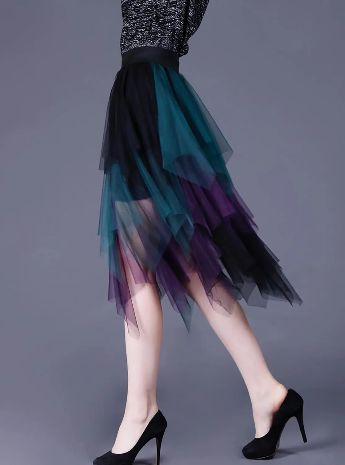 Womens Tulle Skirt Elastic High Waist Pleated A-line Fairy Skirt Layered Mesh Flowy Tutu Skirts