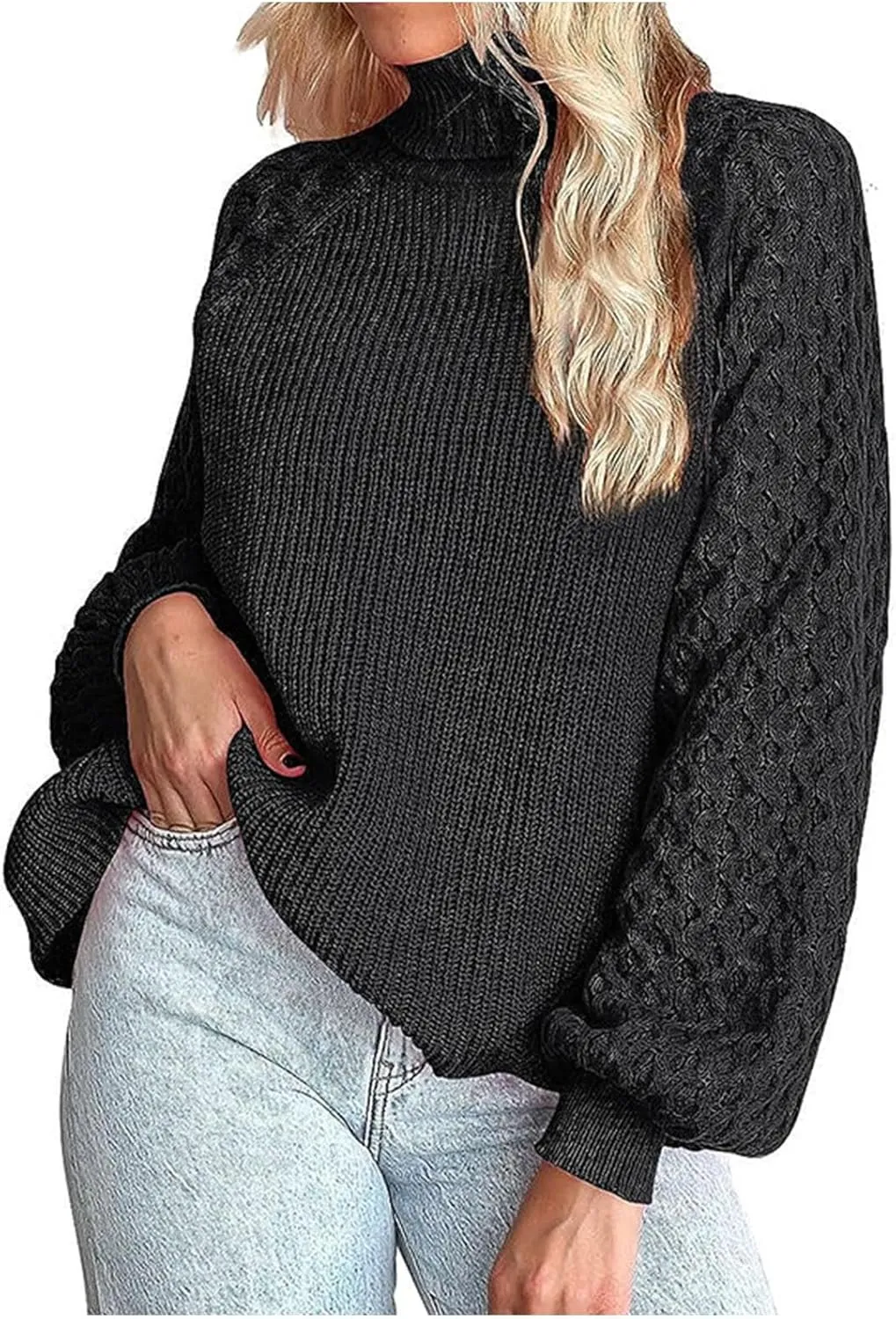 Women's Turtleneck Sweaters 2023 Trendy Cable Knit Lantern Long Sleeve Fall Winter Oversized Pullover Sweater Tops