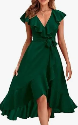 Women's V-neck Short Sleeve Ruffles Long Tie Dress