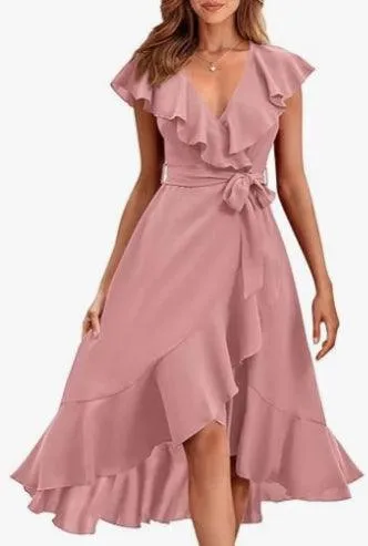 Women's V-neck Short Sleeve Ruffles Long Tie Dress