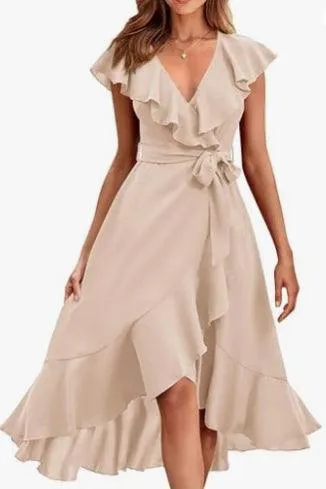 Women's V-neck Short Sleeve Ruffles Long Tie Dress