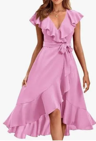 Women's V-neck Short Sleeve Ruffles Long Tie Dress