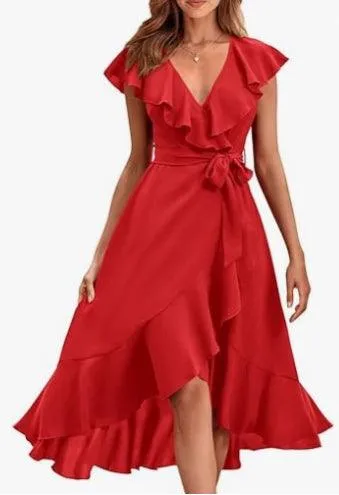 Women's V-neck Short Sleeve Ruffles Long Tie Dress