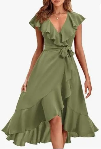 Women's V-neck Short Sleeve Ruffles Long Tie Dress