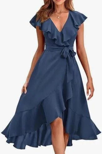 Women's V-neck Short Sleeve Ruffles Long Tie Dress