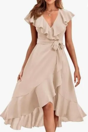 Women's V-neck Short Sleeve Ruffles Long Tie Dress