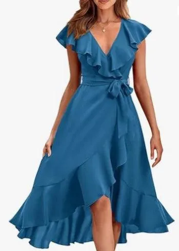 Women's V-neck Short Sleeve Ruffles Long Tie Dress