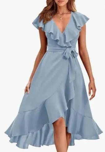 Women's V-neck Short Sleeve Ruffles Long Tie Dress