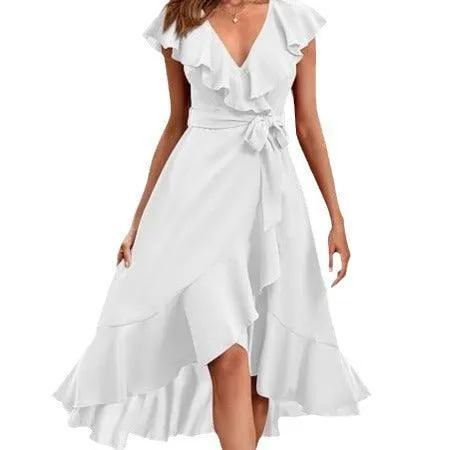Women's V-neck Short Sleeve Ruffles Long Tie Dress