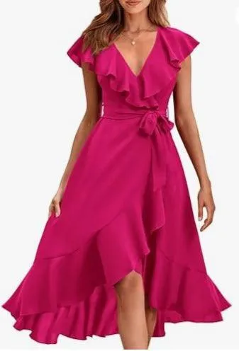 Women's V-neck Short Sleeve Ruffles Long Tie Dress