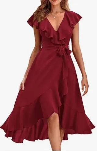 Women's V-neck Short Sleeve Ruffles Long Tie Dress