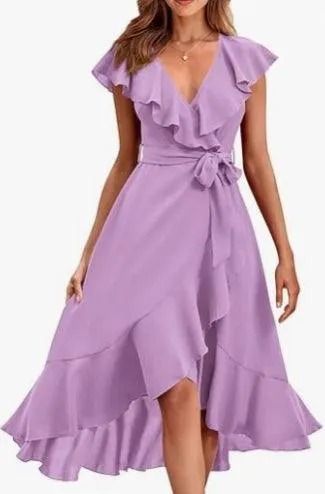 Women's V-neck Short Sleeve Ruffles Long Tie Dress