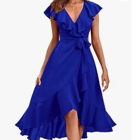 Women's V-neck Short Sleeve Ruffles Long Tie Dress