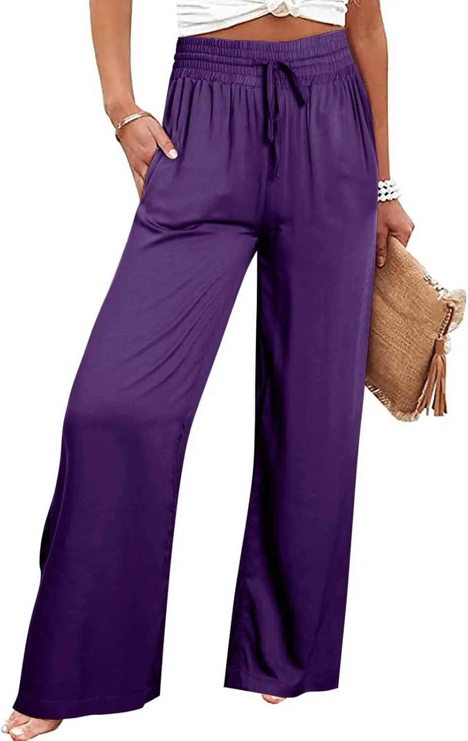 Women's Wide Leg Lounge Pants Summer High Waist Drawstring Loose Light Weight Fit Casual Trousers Comfy Palazzo Pants 2024