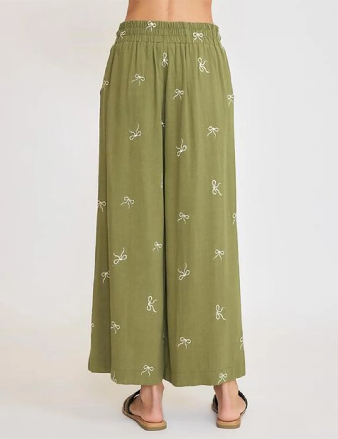 Women’s Wide Leg Pants Embroidered Bow Lace Drawstring Elastic Waist Baggy Trousers Bohemian Flowy Palazzo Pants