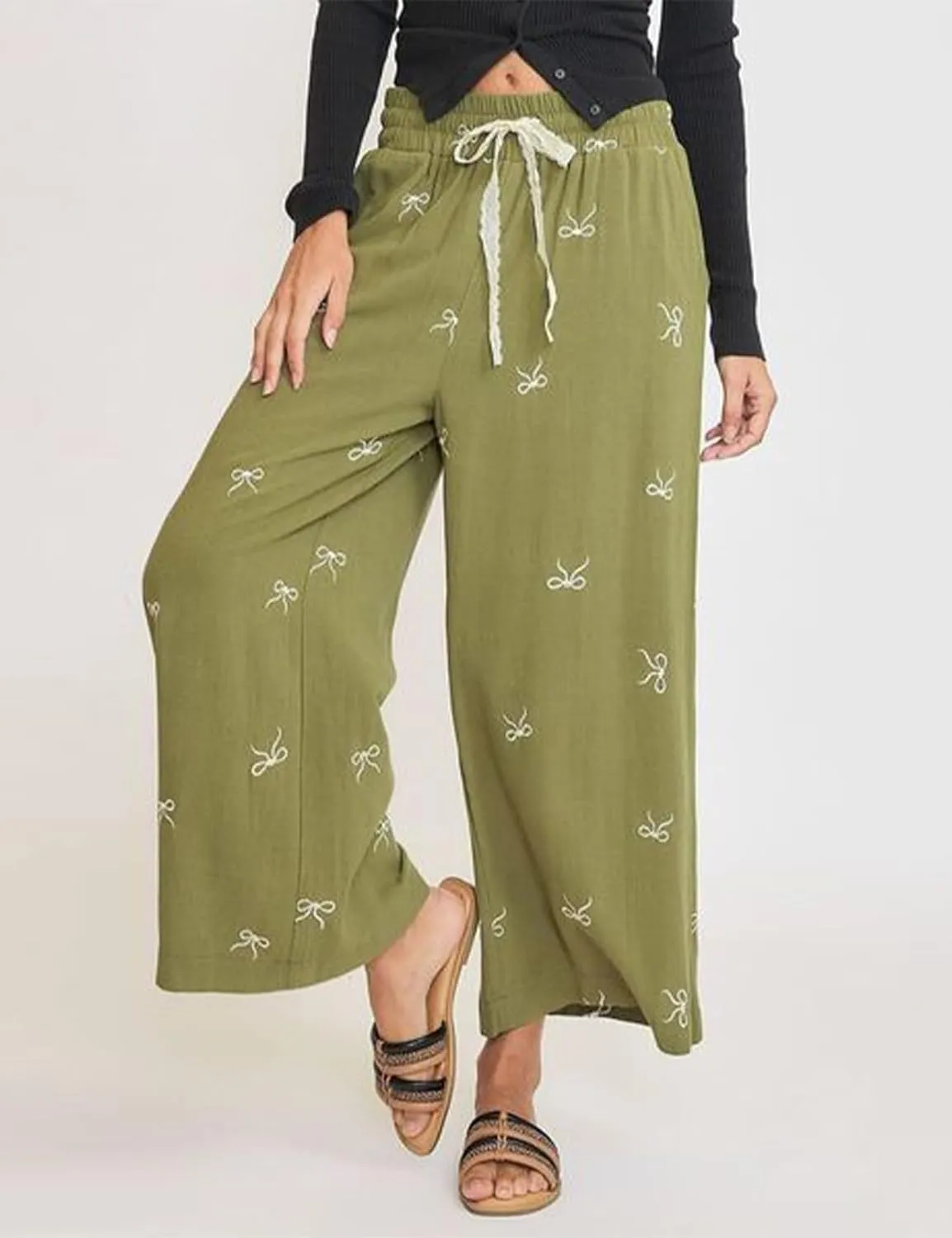 Women’s Wide Leg Pants Embroidered Bow Lace Drawstring Elastic Waist Baggy Trousers Bohemian Flowy Palazzo Pants