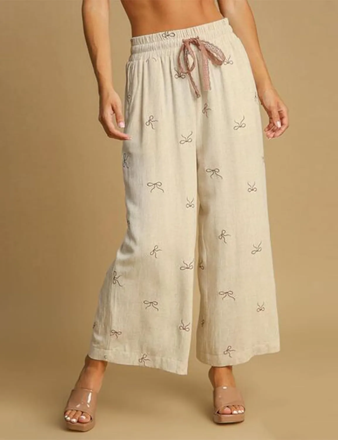 Women’s Wide Leg Pants Embroidered Bow Lace Drawstring Elastic Waist Baggy Trousers Bohemian Flowy Palazzo Pants