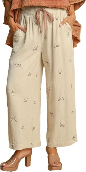 Women’s Wide Leg Pants Embroidered Bow Lace Drawstring Elastic Waist Baggy Trousers Bohemian Flowy Palazzo Pants