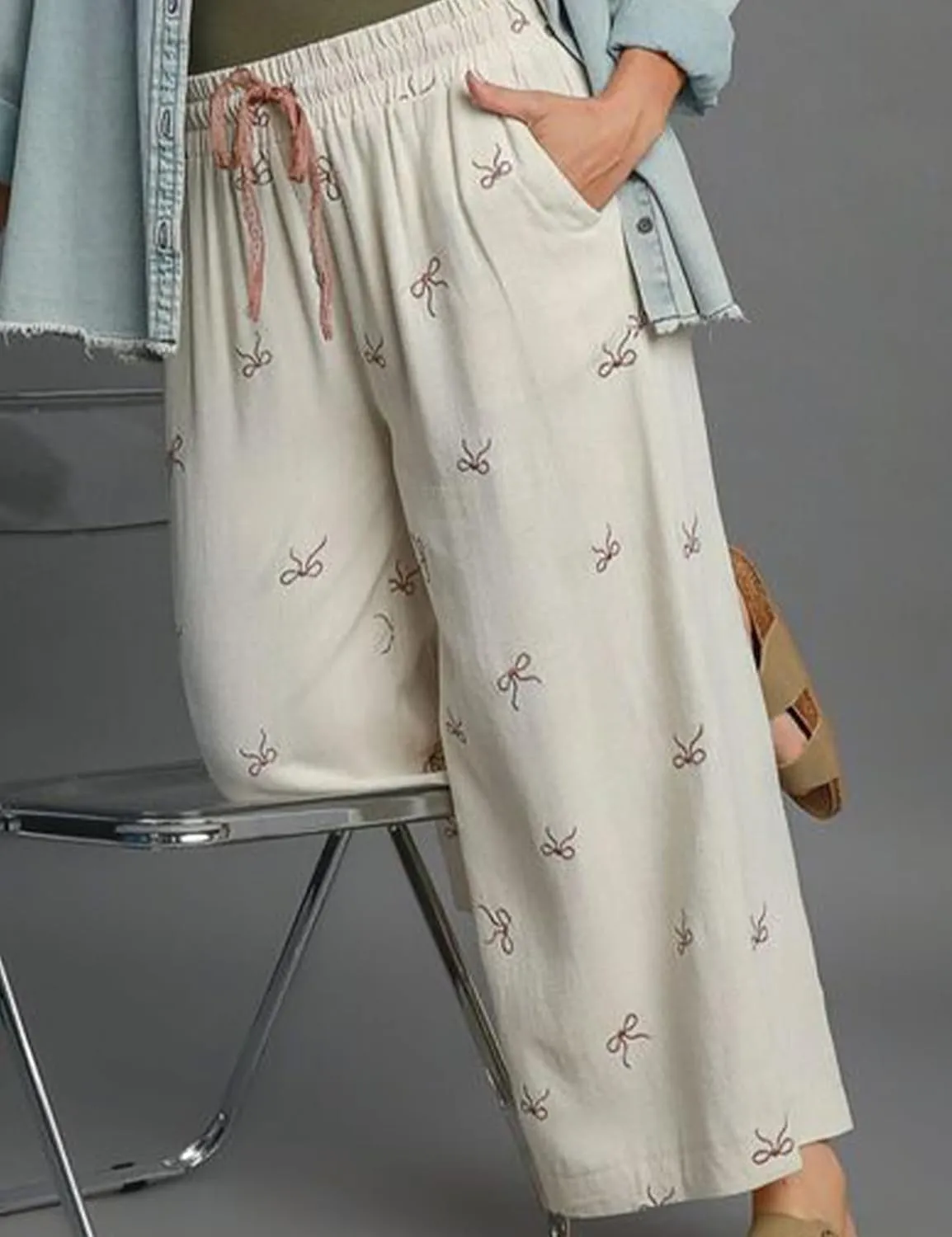 Women’s Wide Leg Pants Embroidered Bow Lace Drawstring Elastic Waist Baggy Trousers Bohemian Flowy Palazzo Pants