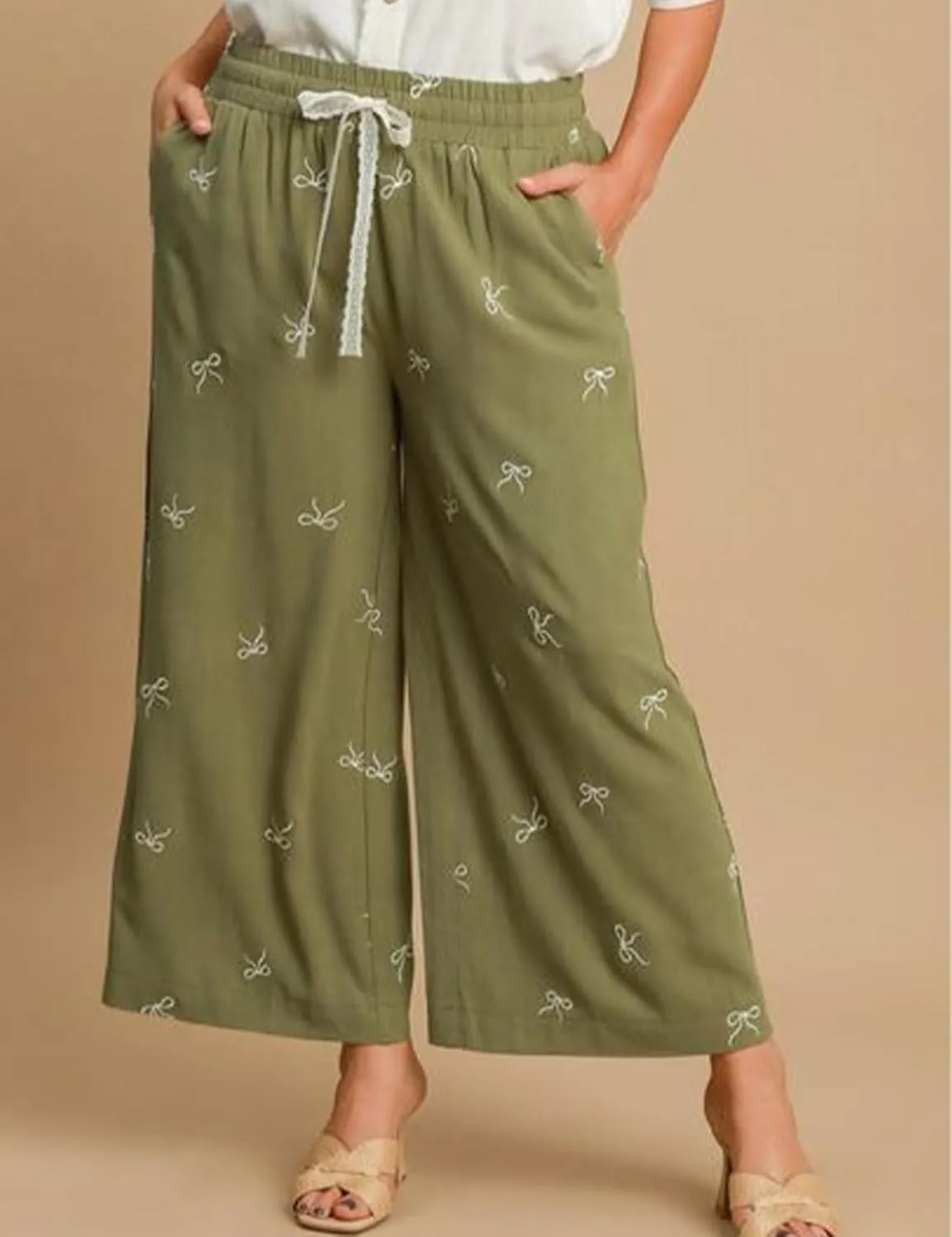 Women’s Wide Leg Pants Embroidered Bow Lace Drawstring Elastic Waist Baggy Trousers Bohemian Flowy Palazzo Pants