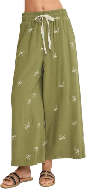 Women’s Wide Leg Pants Embroidered Bow Lace Drawstring Elastic Waist Baggy Trousers Bohemian Flowy Palazzo Pants
