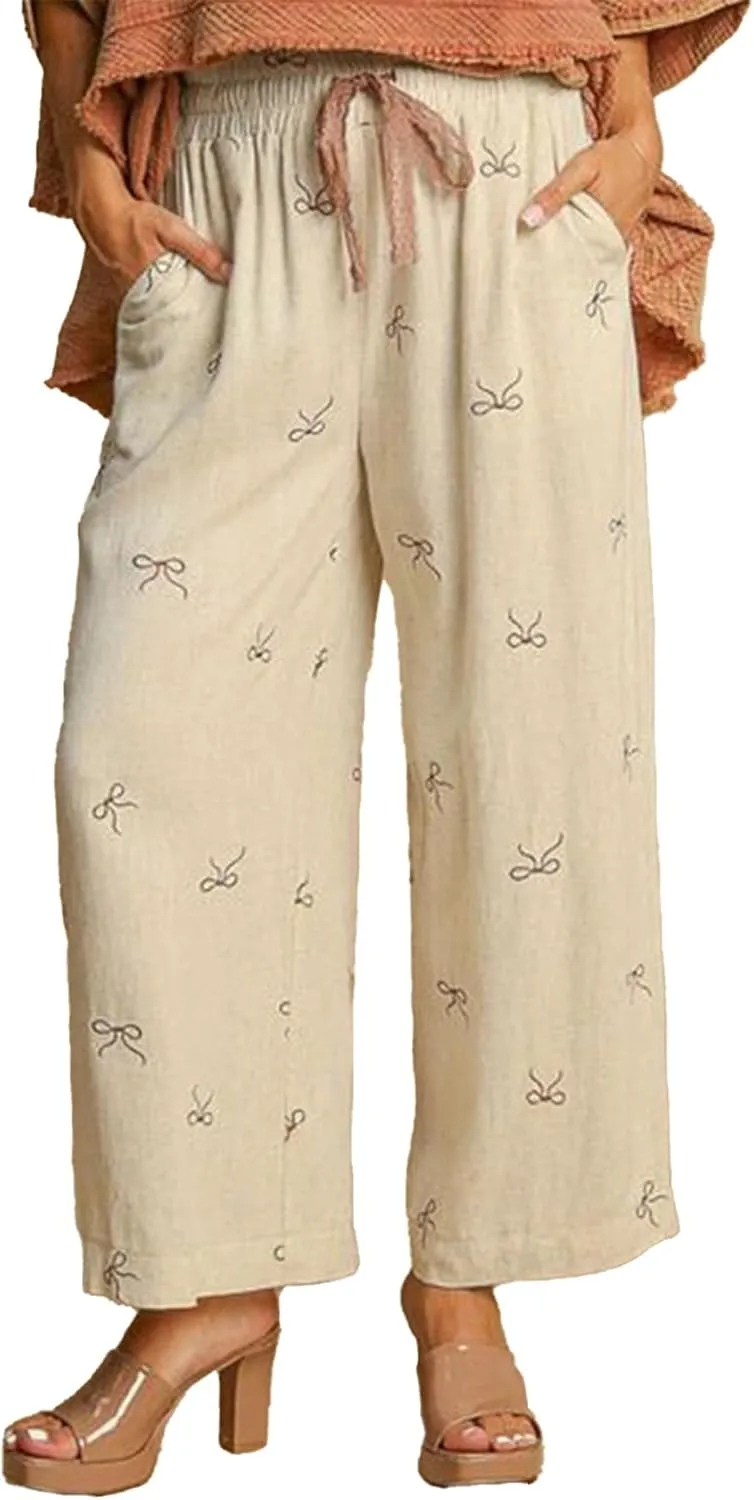 Women’s Wide Leg Pants Embroidered Bow Lace Drawstring Elastic Waist Baggy Trousers Bohemian Flowy Palazzo Pants
