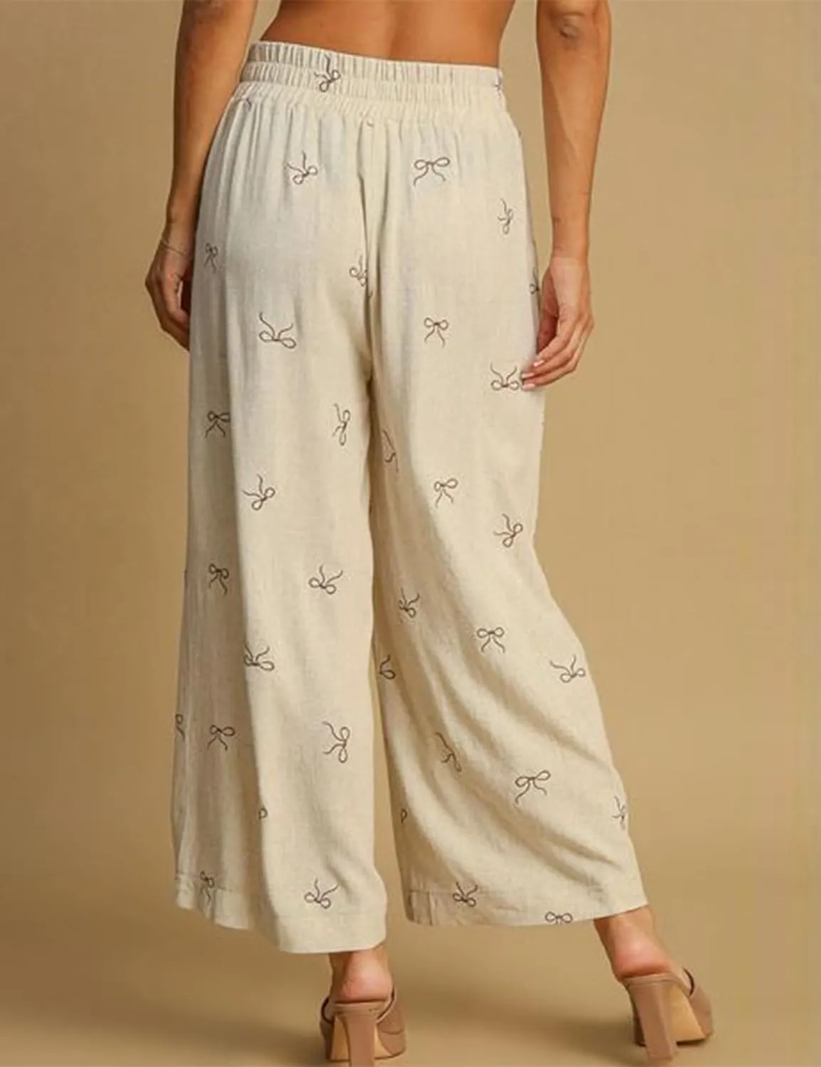 Women’s Wide Leg Pants Embroidered Bow Lace Drawstring Elastic Waist Baggy Trousers Bohemian Flowy Palazzo Pants