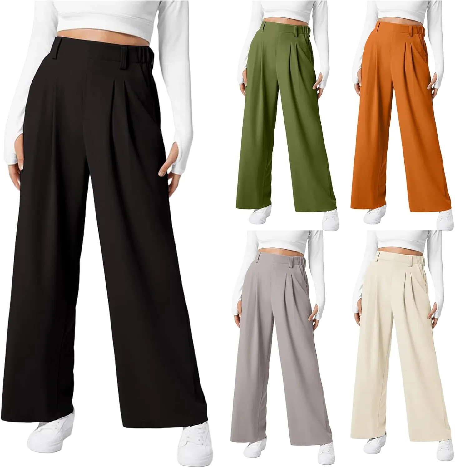 Work Pants Women 2025 Fashion High Waisted Wide Leg Dress Pants Comfy Straight Leg Office Pant Light Pleated Trouser