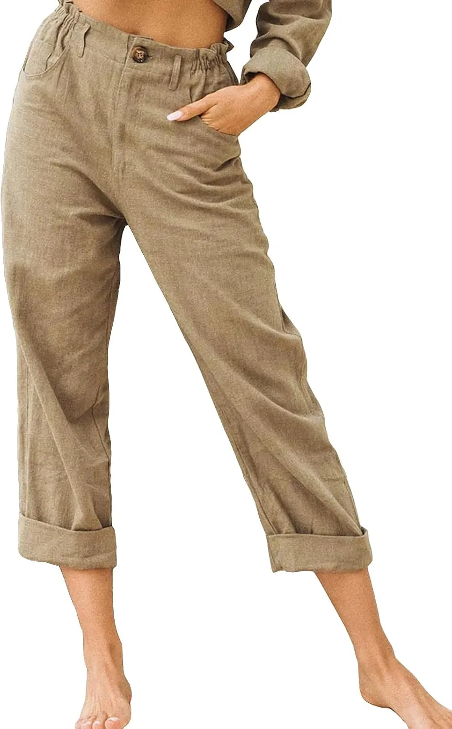 yoeasy Women's Summer Trendy Cotton Linen Capri Pants Elastic Waist Straight Leg Trousers with Pockets